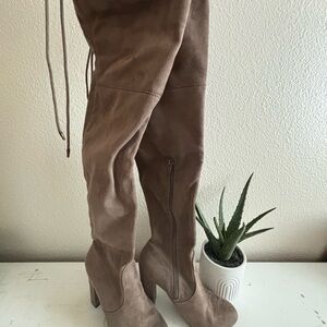 Light brown leather thigh high boots